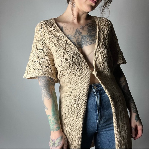 Y2K GAP Cotton Longline Short Sleeve Beige Crochet Cardigan Womens Small - Picture 7 of 8
